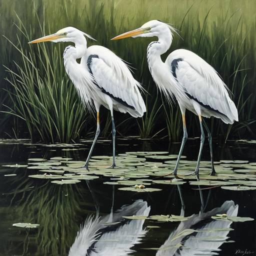Hyperrealistic Oil Painting of Two White Herons Hyperrealistic Oil Painting of Two White Herons