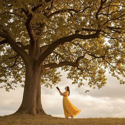 Photograph of a woman in a yellow dress, reaching up to catch falling leaves under a large, sunlit oak tree.