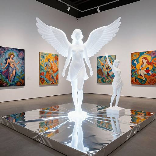 Photograph of a brightly lit, glowing white angel statue with wings, standing on a reflective platform in an art gallery, surrounded by colorful, vibrant paintings