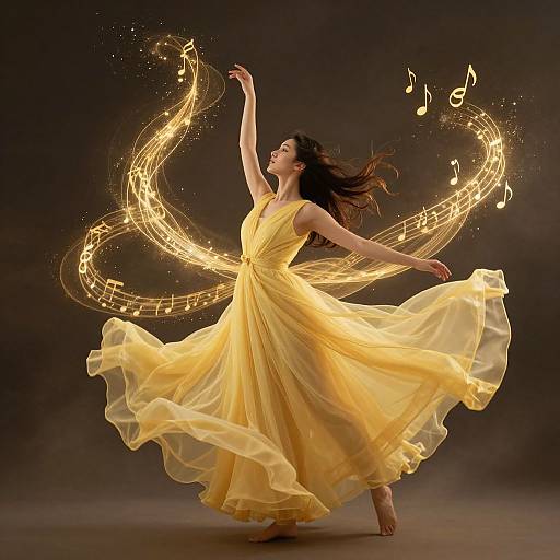 Photograph of a dancing woman in a flowing yellow dress, surrounded by glowing musical notes, against a dark background.