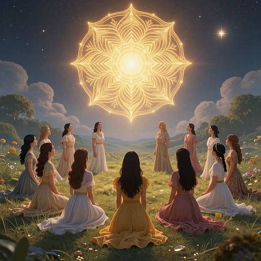 Digital artwork: Women in flowing white dresses sit in a grassy field, gazing at a glowing, intricate mandala in the night sky.