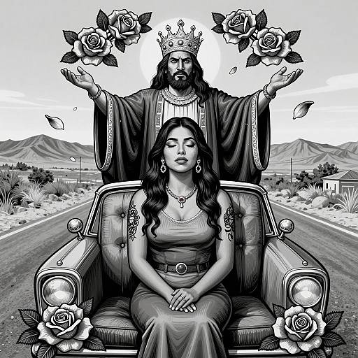 Chicano Art Woman with Guardian and Roses