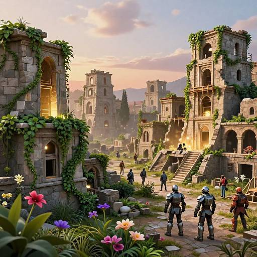 Photorealistic digital painting of a sunlit, ruined medieval city with ivy-covered stone buildings, colorful flowers, and armored figures exploring.