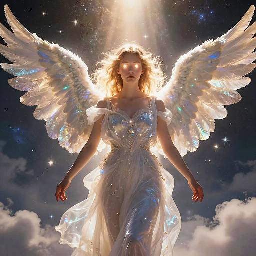 Photorealistic digital art of a radiant angelic woman with glowing white wings, wearing a shimmering, flowing white gown, standing against a starry