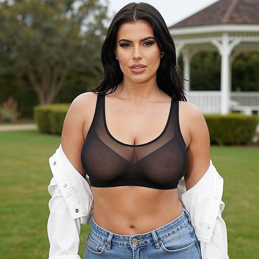 Photograph of a woman with long black hair, wearing a sheer black sports bra, denim jeans, and a white shirt, standing outdoors in a grass