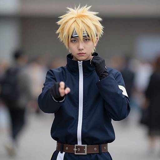 Photograph of a young man cosplaying as Naruto Uzumaki, with spiky blonde hair, black jacket, and white forehead protector, pointing forward