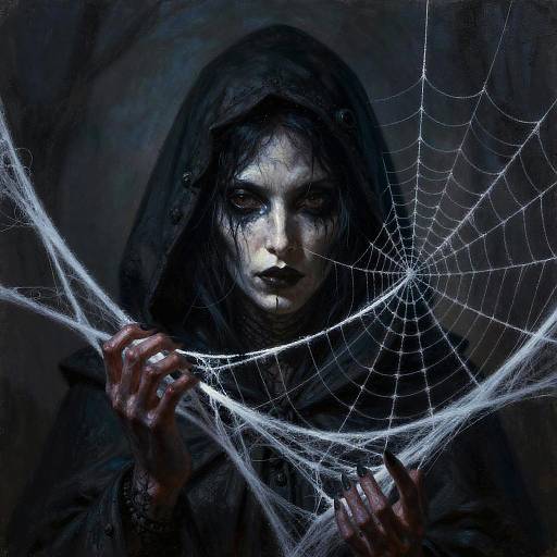 Digital artwork of a grim, pale-faced figure with dark hood, holding a glowing spiderweb, eerie blue and black tones.
