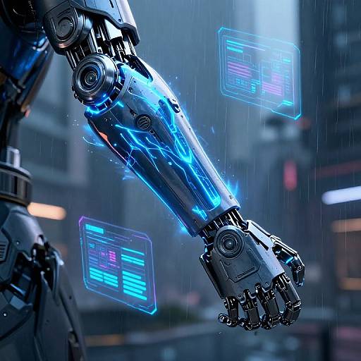 Digital artwork of a futuristic, blue glowing robotic arm with neon screens floating nearby, set against a rainy, cyberpunk cityscape.