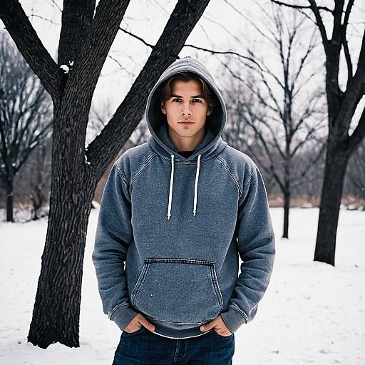 Young Man in Grey Hoodie Standing in Snowy Park