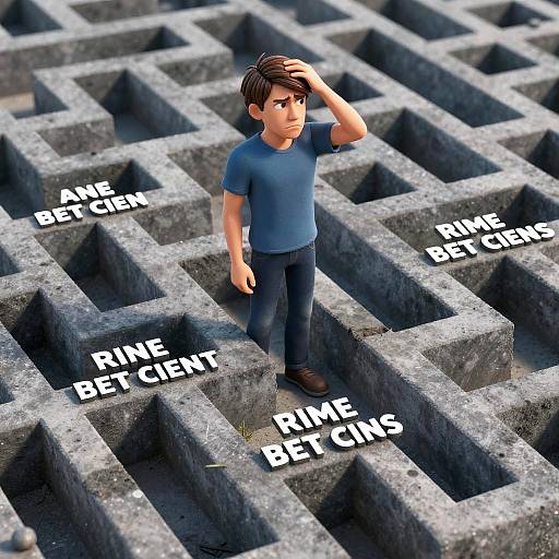 Digital CGI image of a concerned young man with brown hair, blue shirt, and dark pants standing in a maze of gray concrete blocks labeled 