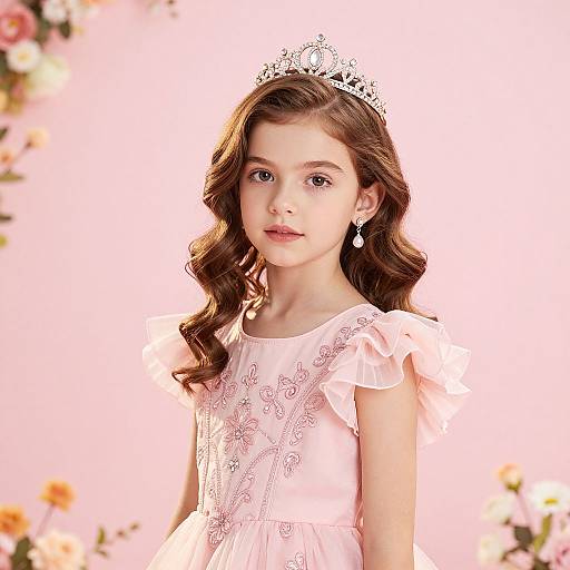 Photograph of a young girl with wavy brown hair, wearing a pink lace dress, silver tiara, and teardrop earrings, against a