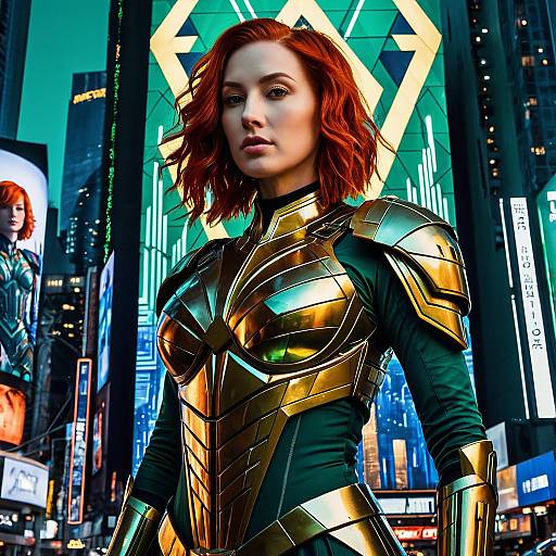 Woman in Golden Armor in Futuristic Cityscape