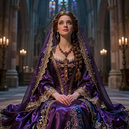 Photorealistic digital art of a fair-skinned woman with long brown hair in an ornate purple and gold medieval gown and veil, sitting in a