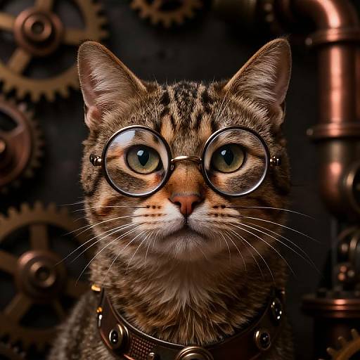 Photograph of a tabby cat with round glasses, wearing a steampunk collar, against a dark, gear-filled background. The cat's green