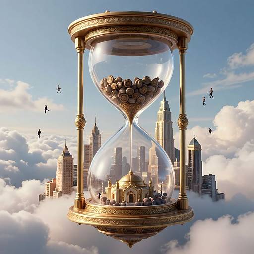 Digital art: Golden hourglass with city skyline inside, floating above clouds, surrounded by flying silhouettes, blue sky, and sunlight.