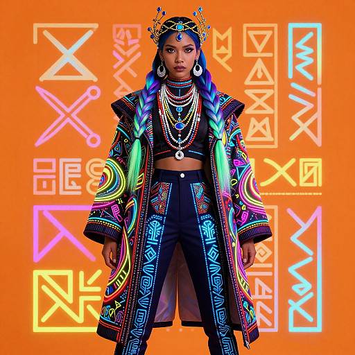 Photograph of a Black woman with blue braids, wearing a colorful, patterned coat, crown, and multiple necklaces, against a neon orange