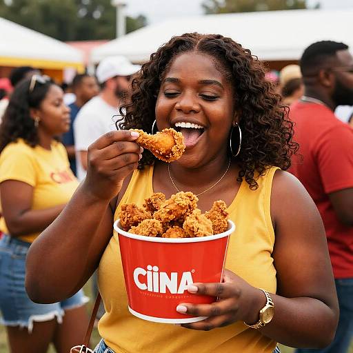 Photograph of a smiling, curly-haired Black woman in a yellow top, eating fried chicken from a red Cinnabon cup, outdoors with blurred