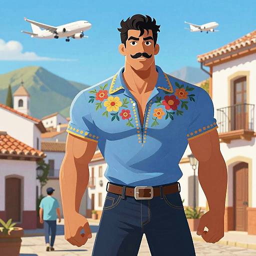 Digital cartoon of a muscular, mustached man in a blue floral shirt and jeans, standing in a sunny, mountainous village with planes in the sky