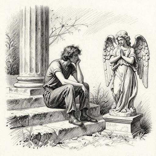Contemplative Figure with Angel Statue