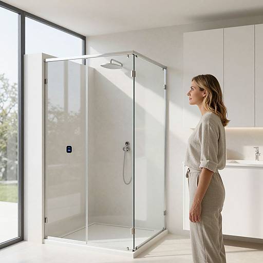 Photograph of a blonde woman in a white bathrobe, standing beside a sunlit, modern, glass-enclosed shower in a bright, minimalist
