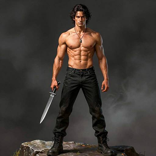 Muscular Shirtless Man Holding Knife