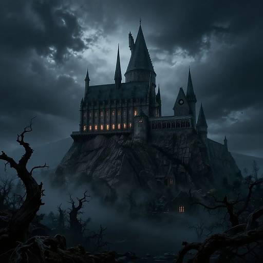 Mysterious, gothic castle with glowing windows perched on a dark, misty mountain under a stormy, twilight sky; eerie, barren trees