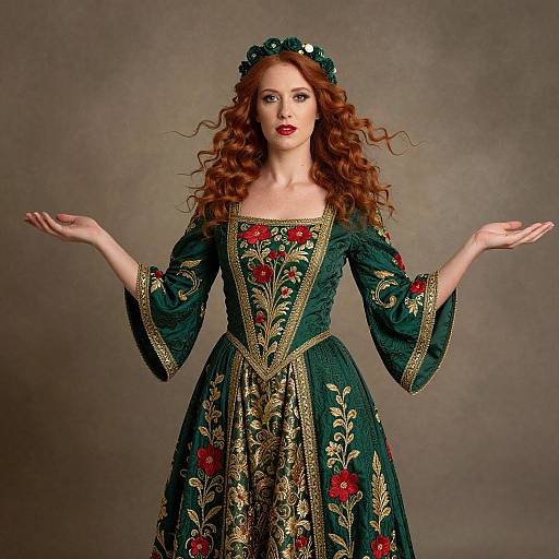 Photograph of a fair-skinned woman with long curly red hair, wearing an ornate green Renaissance-style dress with gold embroidery and red flowers, arms
