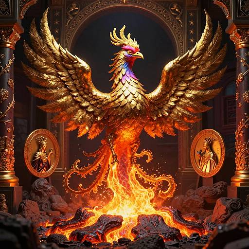 Renaissance Synthwave Phoenix with Gold Leaf