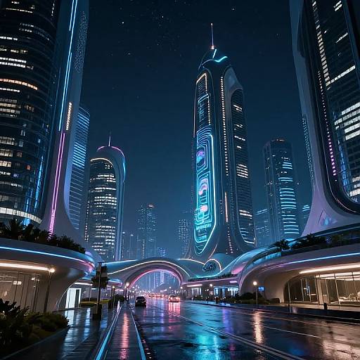 Neon-lit futuristic cityscape at night, featuring towering skyscrapers with glowing blue and purple lights, wet reflective streets, and sleek, curved