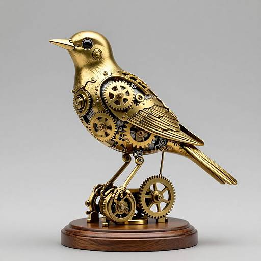 Steampunk-style, gold-plated bird sculpture with intricate gears and cogs, standing on a wooden base, against a plain gradient background.