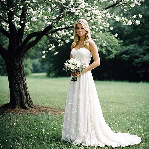 Blonde Bride in White Wedding Dress Outdoors