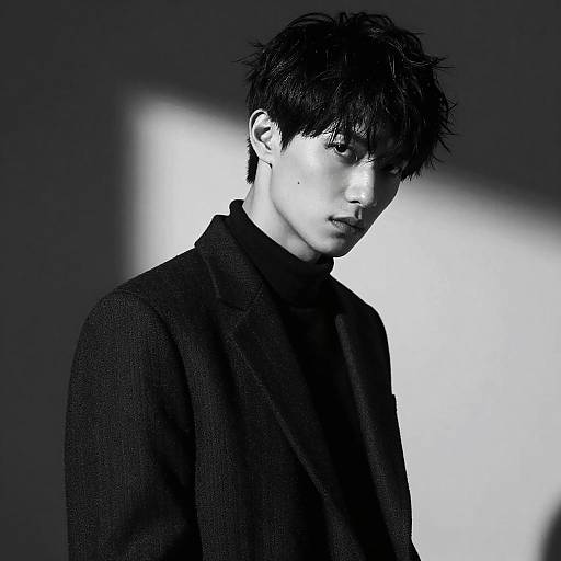 Black-and-white photograph of a young man with messy dark hair, wearing a high-collared, textured black sweater, standing in dramatic shadowed light