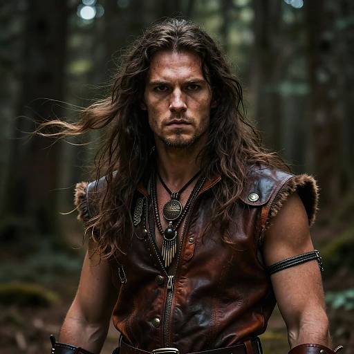 Photograph of a muscular, long-haired man with intense eyes, wearing a brown leather vest with fur trim, in a dark forest. His expression is