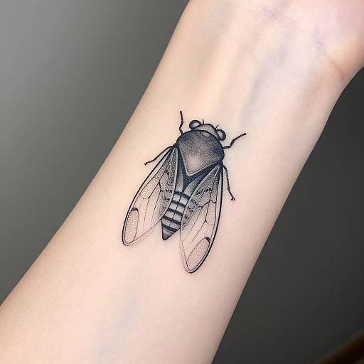 Black tattoo of a detailed, realistic fly on pale skin, with delicate wing veins and segmented body, against a dark background.