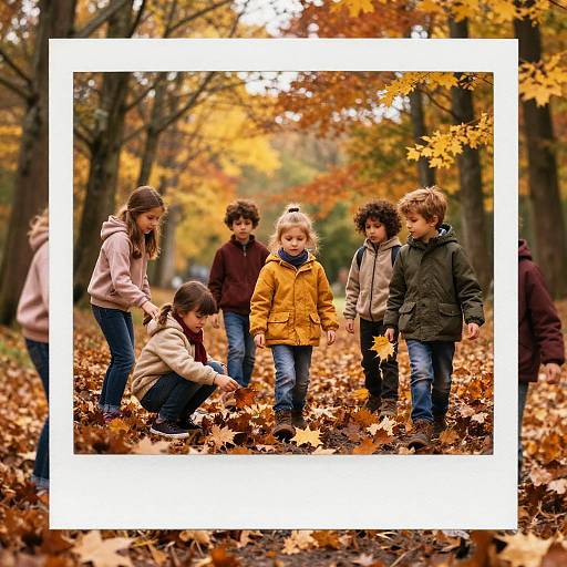 Photograph of six children in autumn clothing, playing with leaves in a forest with vibrant orange and yellow foliage, framed by a white border.