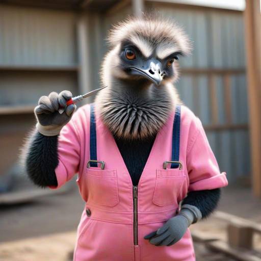 Emus in Pink Overalls with Tools