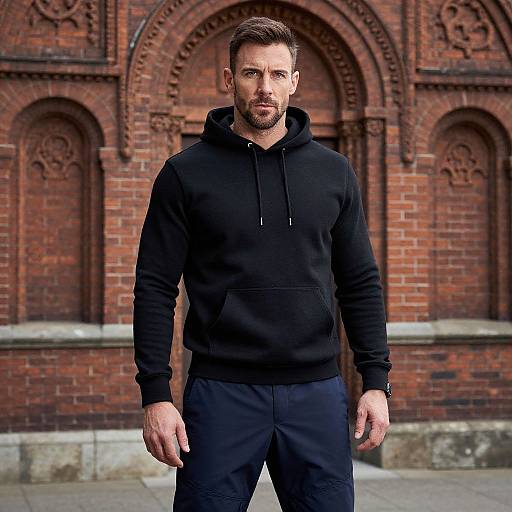 Photograph of a muscular, bearded man with short brown hair, wearing a black hoodie and black pants, standing in front of an ornate red