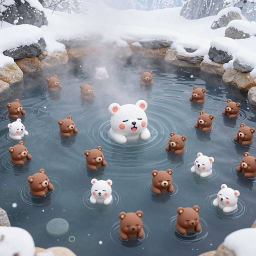 Digital illustration of a snowy hot spring with cute brown and white teddy bears floating, surrounded by steam and rocks.