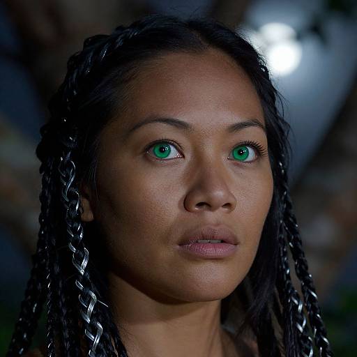 Photograph of a young Black woman with striking green eyes, dark braided hair, and a serious expression, set against a blurred, dark background with