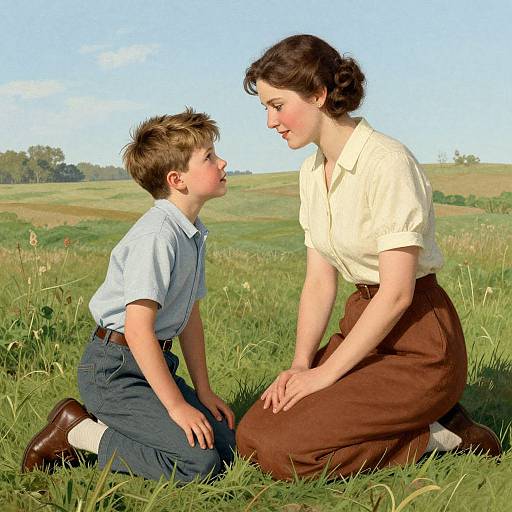 Photograph of a young boy with short brown hair, kneeling in grass, facing a smiling woman with short dark hair, wearing a white blouse and brown
