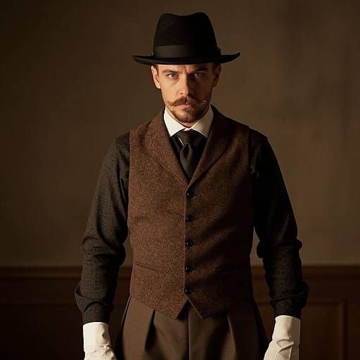 Photograph of a man with a dark mustache, wearing a black fedora, brown tweed vest, black tie, white shirt, and white