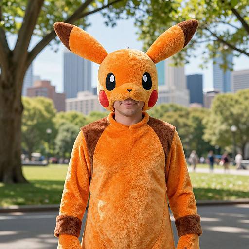 Photograph of a man in a Pikachu costume with orange fur, brown ears, and red cheeks, standing in a sunny park with city buildings in the