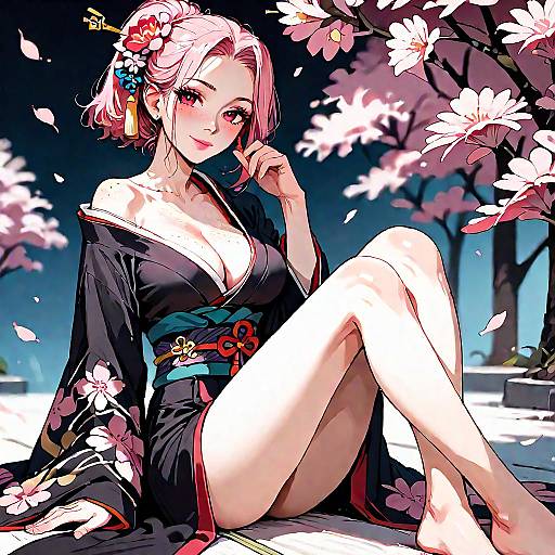 Anime Girl in Black Kimono Sitting