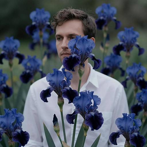 Man Among Blue Iris Flowers