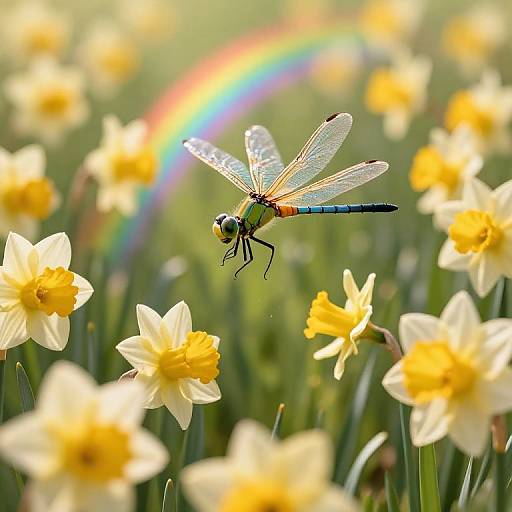 Photograph of a colorful dragonfly with translucent wings hovering over a field of yellow daffodils, with a vibrant rainbow arcing in the blurred