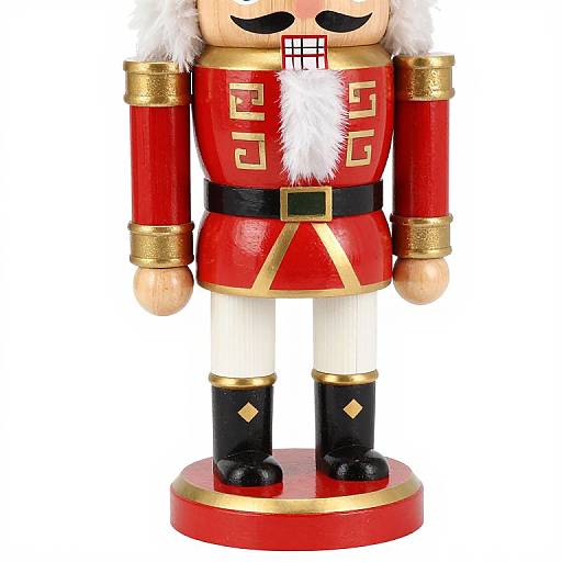 Photograph of a traditional wooden nutcracker soldier with red coat, gold accents, black boots, white pants, and white beard on a red base