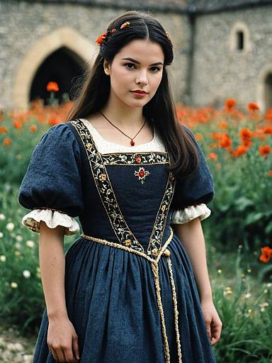 Photograph of a young woman with long black hair, wearing a dark blue Renaissance-style dress with white lace, standing in a garden with orange flowers and