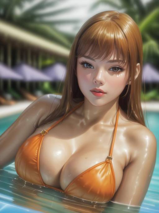 Young Asian Woman in Orange Bikini by Pool