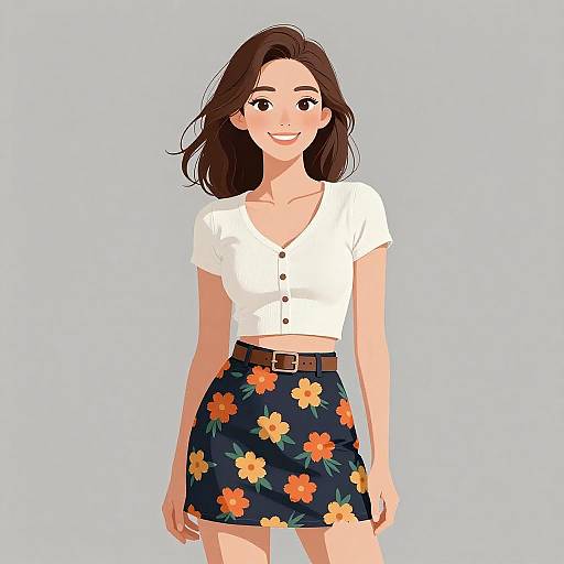 Digital illustration of a smiling young woman with light skin, brown hair, wearing a white button-up crop top and navy floral skirt with a brown belt,