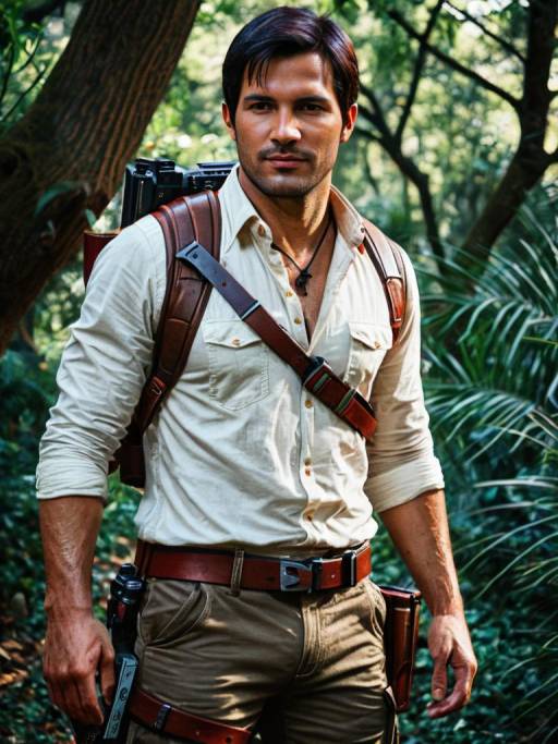 Man in Nathan Drake Cosplay Costume in Forest
